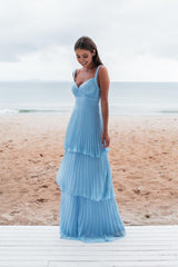 A-line Wide Straps Blue Sleeveless Floor Length Prom Dress,Blue Bridesmaid Dress