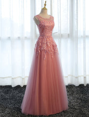 Glamorous Long Evening Dresses Lace Cameo Pink Party Dress A Line Applique Tulle Maxi Formal Dress