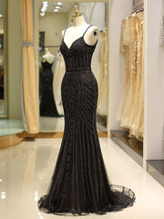 Gorgeous Black Evening Dresses Mermaid Luxury Heavy Beaded Straps Long Formal Evening Dress