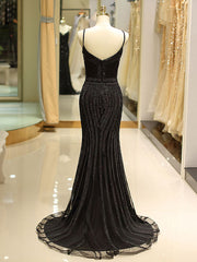 Gorgeous Black Evening Dresses Mermaid Luxury Heavy Beaded Straps Long Formal Evening Dress