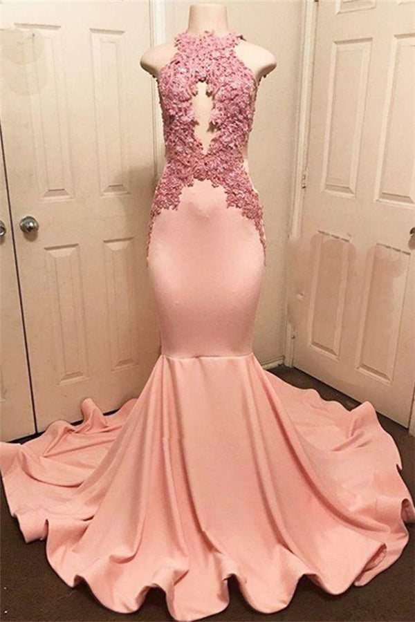 Halter Pink Lace Prom Party Gowns| Mermaid Formal Dresses