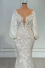 Mermaid V-neck Lace Floor-length Long Sleeve Applique Beaded Wedding Dress