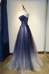 Navy Gradient A Line Tulle Long Formal Prom Dresses