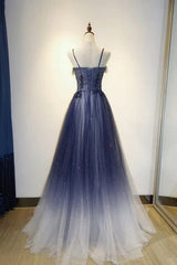 Navy Gradient A Line Tulle Long Formal Prom Dresses