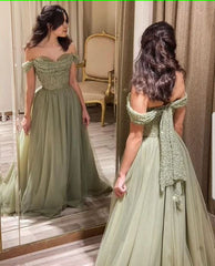 Off the Shoulder Mint Green Prom Dress Beaded Long Prom Dresses, Off Shoulder Green Long Formal Evening Dresses