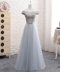 A Line Lace Tulle Off Shoulder Long Prom Dress, Evening Dress