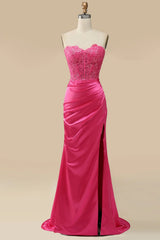 Sparkly Hot Pink Corset Long Sheath Prom Dress with Slit