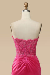 Sparkly Hot Pink Corset Long Sheath Prom Dress with Slit