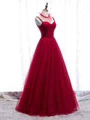 Red Spaghetti Strap Tulle Party Dress, Red Floor Length Prom Dress