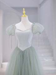 Green Tulle Floor Length Prom Dress, Green Short Sleeve Evening Party Dress