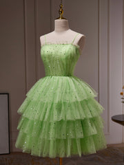 Green Tulle Straps Short Party Dress, Light Green Homecoming Dress