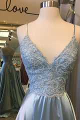 Light Blue Lace Lace-Up Back A-Line Prom Dress with Slit