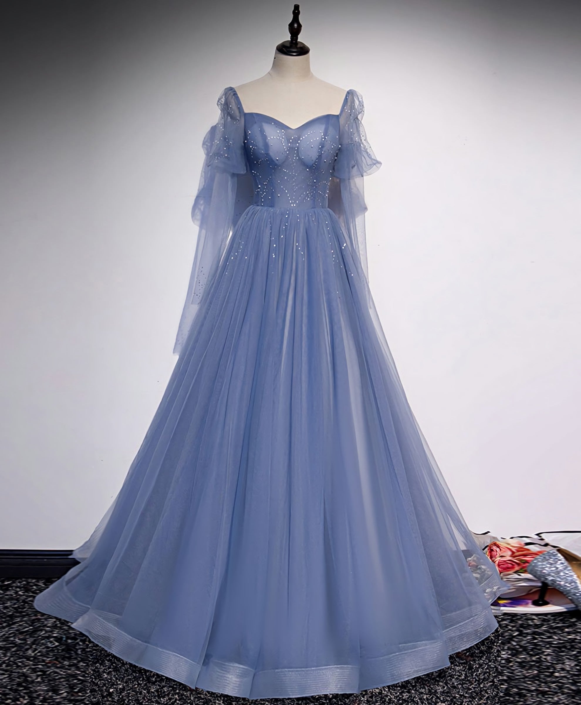 Blue Tulle Sweetheart Long Prom Dress, Blue Tulle Formal Dress