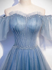 Blue Sweetheart Tulle Sequin Long Prom Dress, Blue Formal Dress, 1