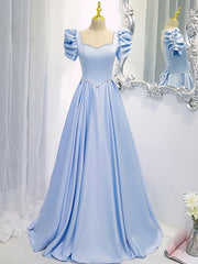 Blue Satin Backless Long Prom Dress, Blue Evening Dress