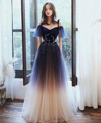 Blue Sweetheart Tulle Off Shoulder Long Prom Dress, Blue Evening Dress