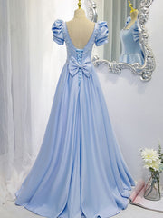 Blue Satin Backless Long Prom Dress, Blue Evening Dress
