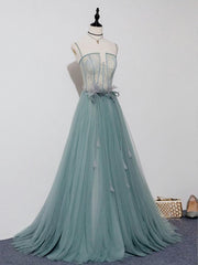 Green A Line Tulle Lace Long Prom Dress, Green Tulle Formal Dress