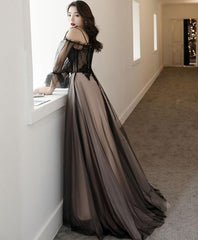 Black Tulle A Line Lace Long Prom Dress, Tulle Lace Formal Dress