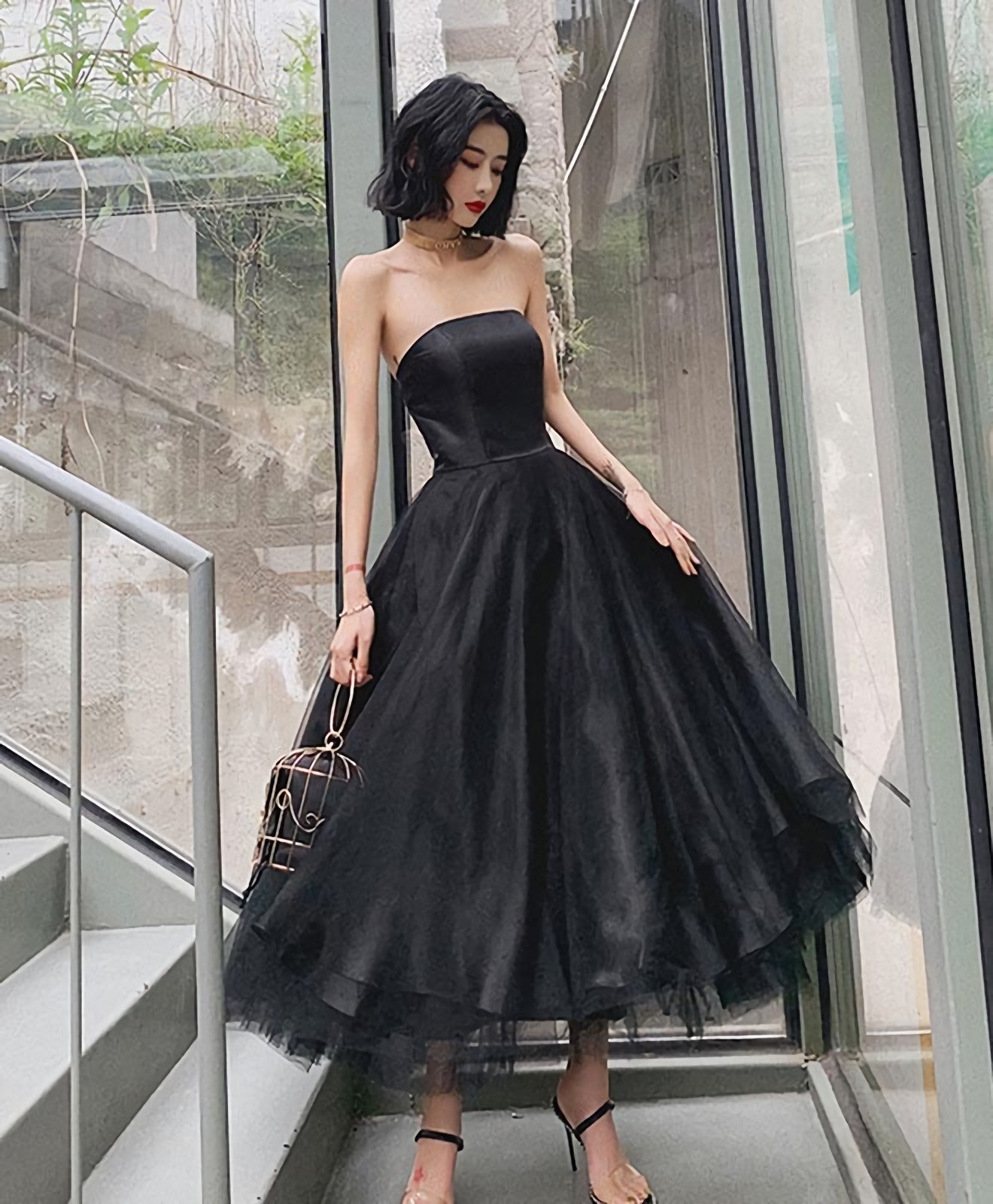 Black Tulle Short Prom Dress, Black Evening Dress