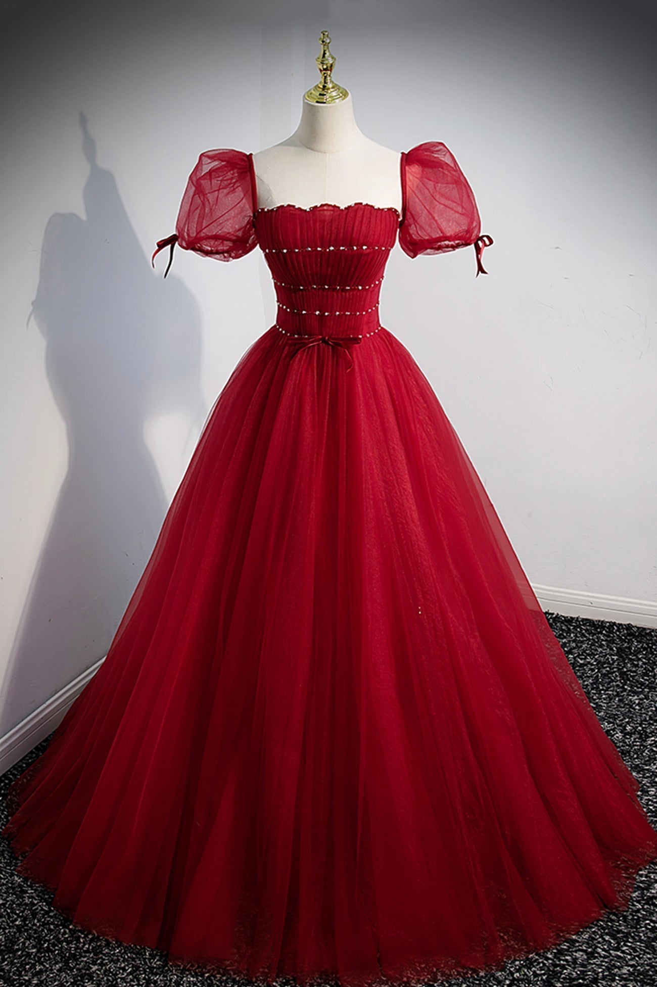 Red Beaded Tulle A-Line Long Formal Dress, Red Prom Dress