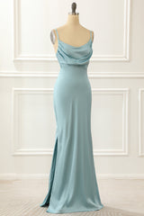 Satin Spaghetti Straps Blue Simple Prom Dress