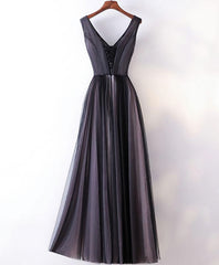 Black V Neck Lace Applique Tulle Long Prom Dress, Black Evening Dress