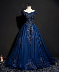 Blue Tulle Lace Off Shoulder Long Prom Dress, Blue Tulle Lace Evening Dress