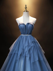 Blue Sweetheart Neck Tulle Long Prom Dress, Blue Evening Dress