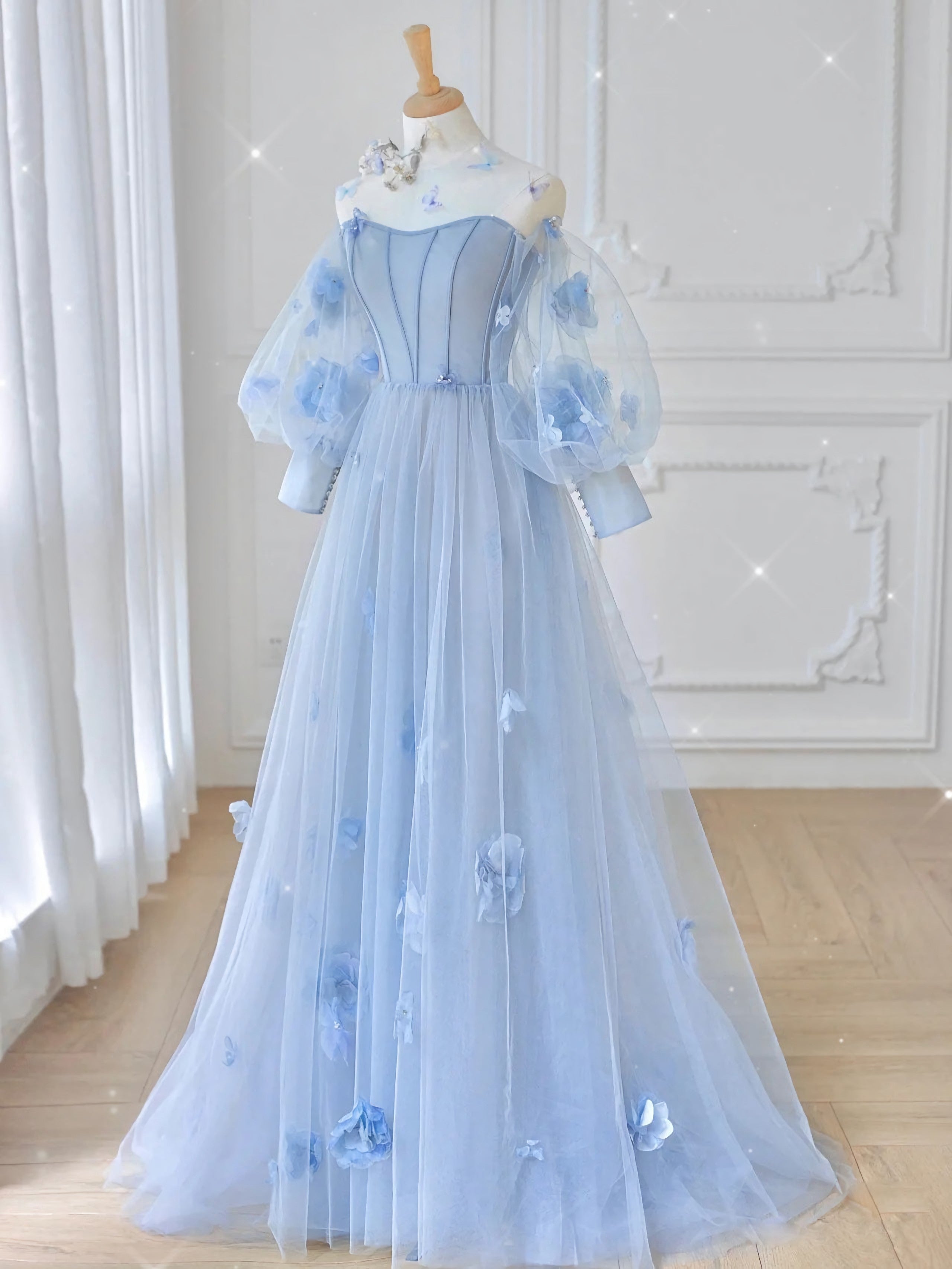 Blue Tulle Lace Long Prom Dress, Blue Tulle Lace Long Evening Dress