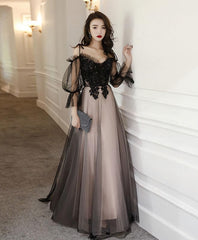 Black Tulle A Line Lace Long Prom Dress, Tulle Lace Formal Dress