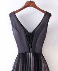 Black V Neck Lace Applique Tulle Long Prom Dress, Black Evening Dress