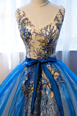 Uniquedresss Puffy V Neck Organza Applique Modest Prom Dress Evening Dress
