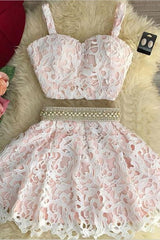 2024 Two Piece A Line Lace Homecoming Dresses, Spaghetti Straps Beaded Waistline