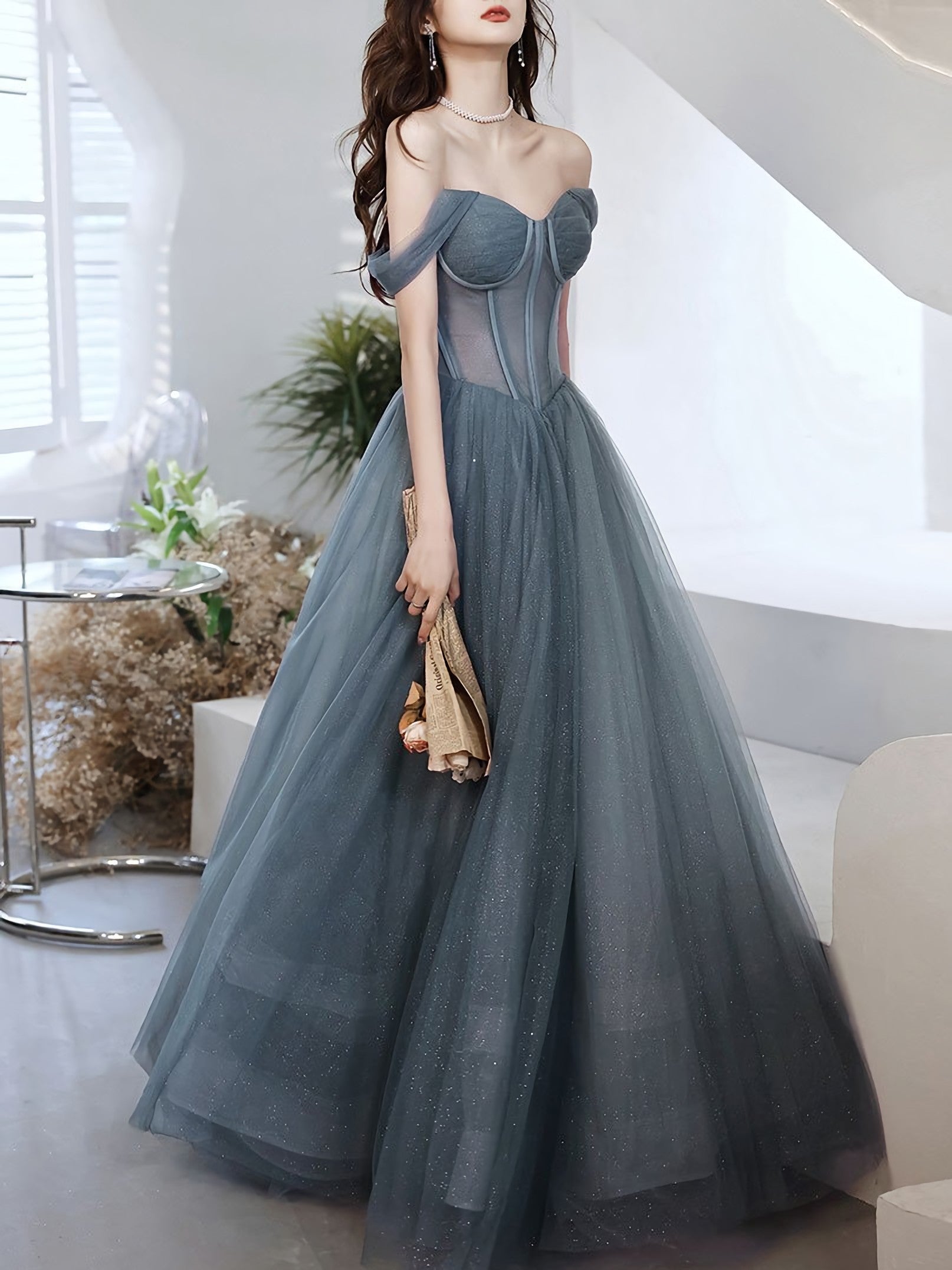 A Line Sweetheart Neck Gray Blue Tulle Long Prom Dress, Blue Evening Dress