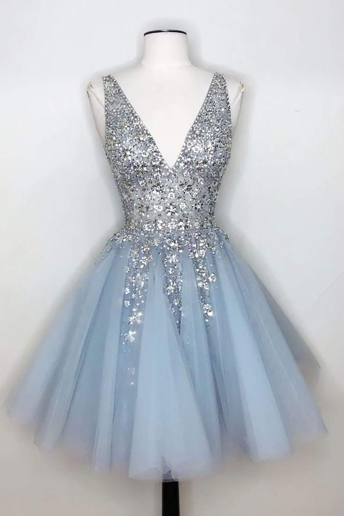 V Neck Light Sky Blue Homecoming Dress With Sequins 5933