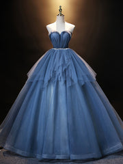 Blue Sweetheart Neck Tulle Long Prom Dress, Blue Evening Dress