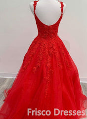 Red Tulle Lace A Line Formal Evening Dresses Appliques Long Prom Dresses