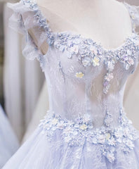Light Blue Tulle Lace Long Prom Dress, Blue Evening Dress