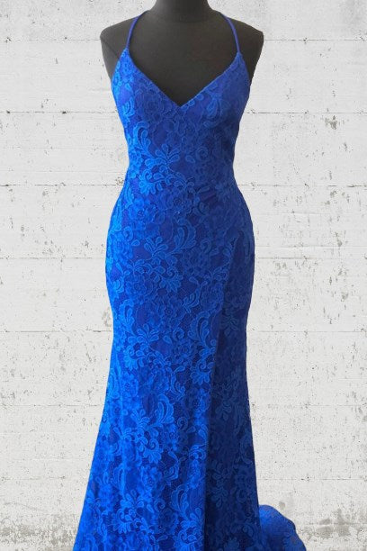 Elegant Lace-up Back Mermaid Royal Blue Long Lace Prom Dress