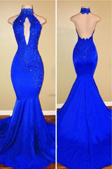 Elegant Mermaid High Neck Royal Blue Long Prom Dress