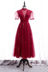Elegant Puff Sleeeves Red Tulle Prom Dress
