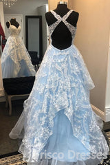 Elegant Light Blue A-Line Sweetheart Open Back Appliques Long Prom Dresses