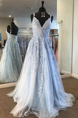 Light Blue Lace Tulle Long Prom Dress, Blue Formal Dress, Ae232