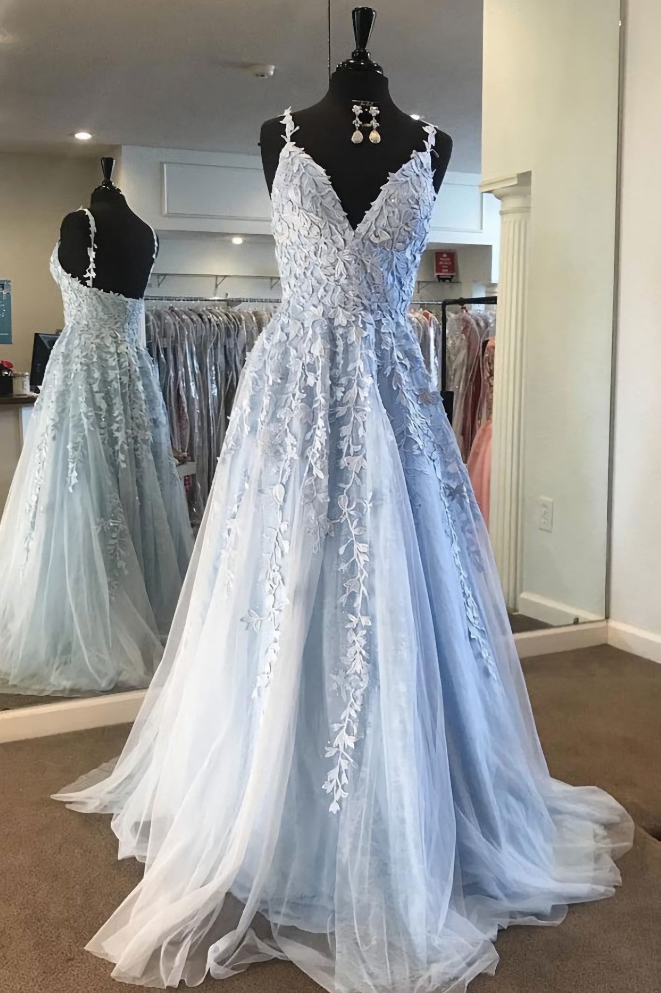 Light Blue Lace Tulle Long Prom Dress, Blue Formal Dress, Ae232