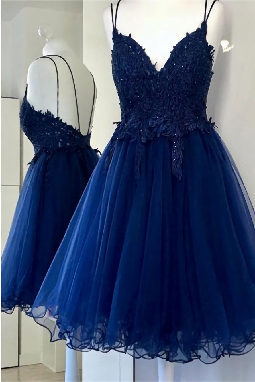 A Line Dual Strapped Royal Blue V Neck Short Prom Dress With Beads Appliques