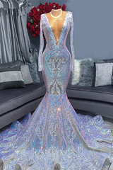 Hot Sparkle Sequin V neck Long sleeves Mermaid Prom Dresses