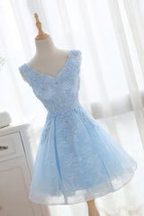 Light Blue Cute V Neckline Lace Short Party Dress, Lace Formal Dress, Lace Party Dresses, B0622