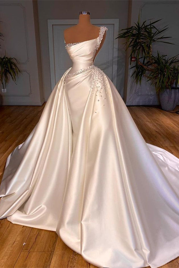 Glamorous One Shoulder Pearl Wedding Dress Overskirt Bridal Gowns On Sale