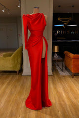 One-shoulder Long sleeves High-split Soft pleated Red Prom Dress